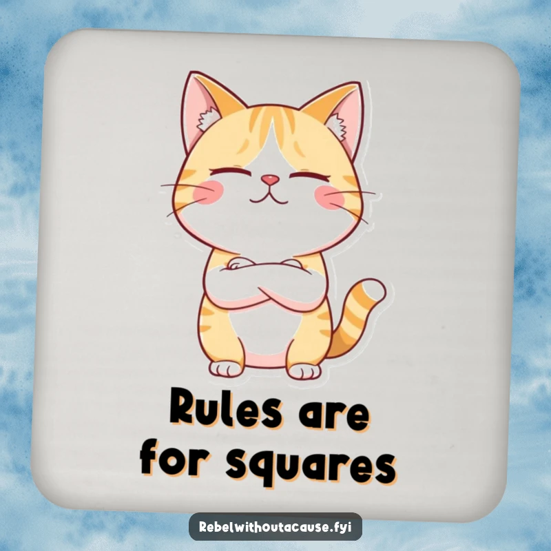 Funny drink coaster with a giggling cat character arms crossed, looking unimpressed, protecting surfaces with style and humor.