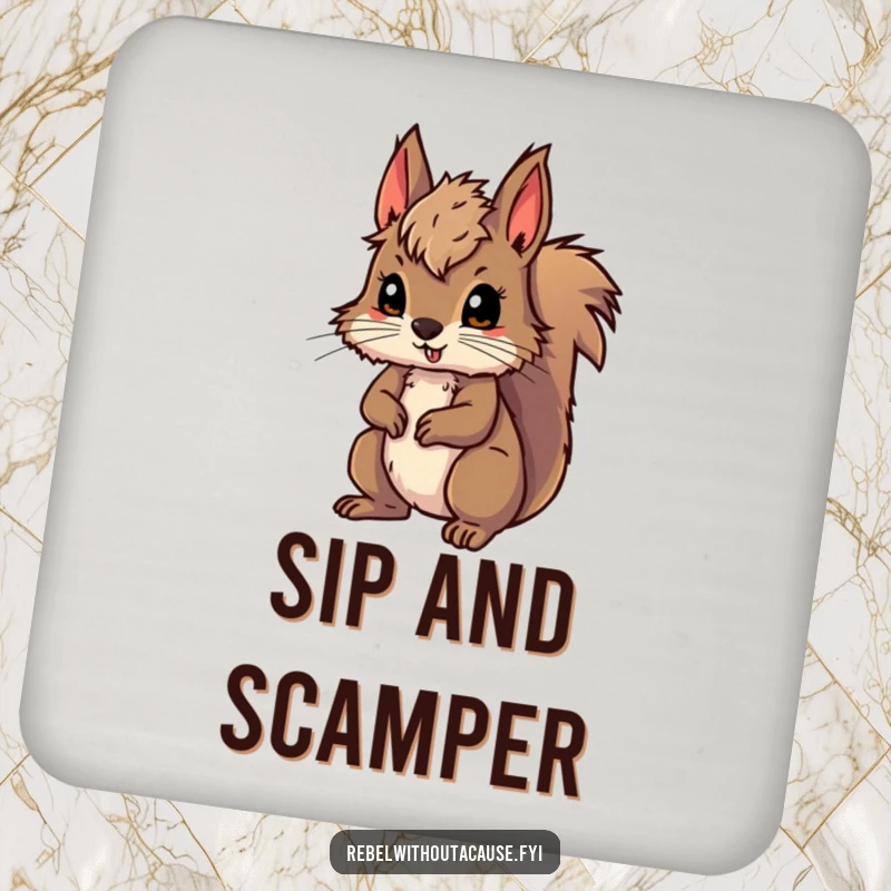 Funny drink coasters with a wild squirrel, messy fur, ready for adventure, offering surface protection with a humorous wilderness vibe, a unique funny gift.