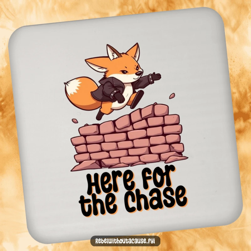 Funny drink coaster featuring a fearless fox in a leather jacket captured mid-leap over a crumbling brick wall.