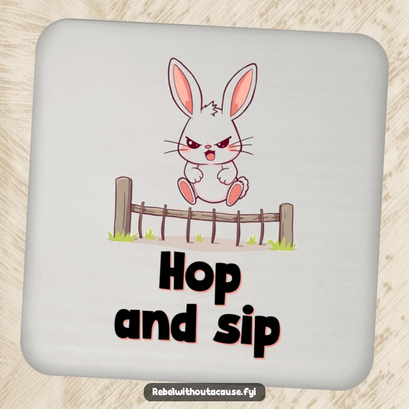 Funny Bunny Coaster featuring a rebellious bunny determinedly jumping over a fence, protecting surfaces with motivational humor.