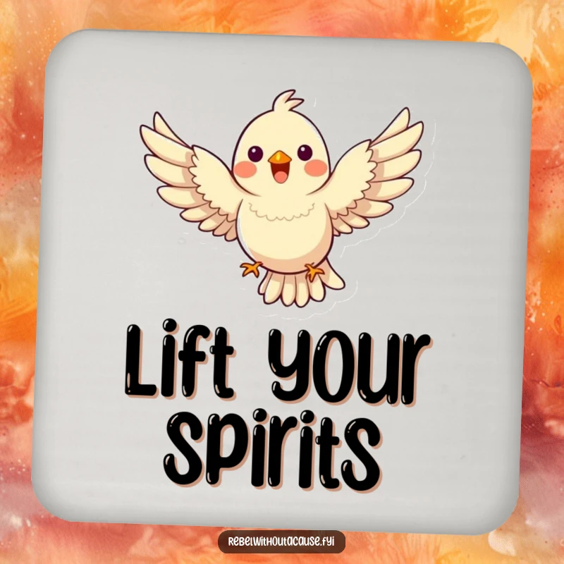 Funny Bird Coasters set, showing a happy bird flying with wings spread wide, defying gravity, cute funny gift.