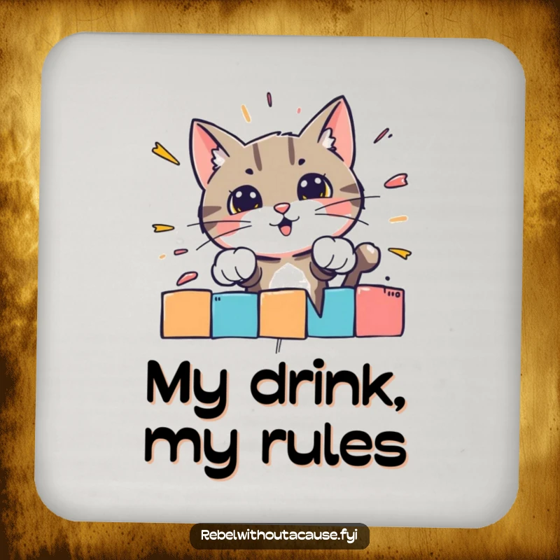 Funny drink coaster featuring a bold cat character crashing through a brightly colored, striped barrier.