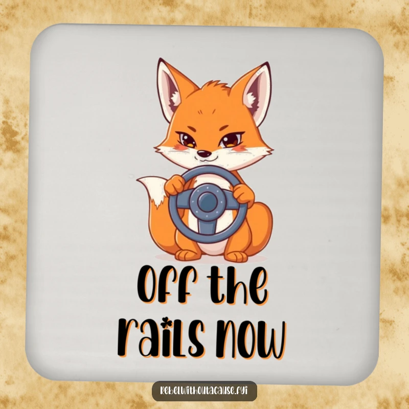 Funny drink coasters featuring a sly fox with a detached steering wheel, protecting surfaces with a humorous and charming design.