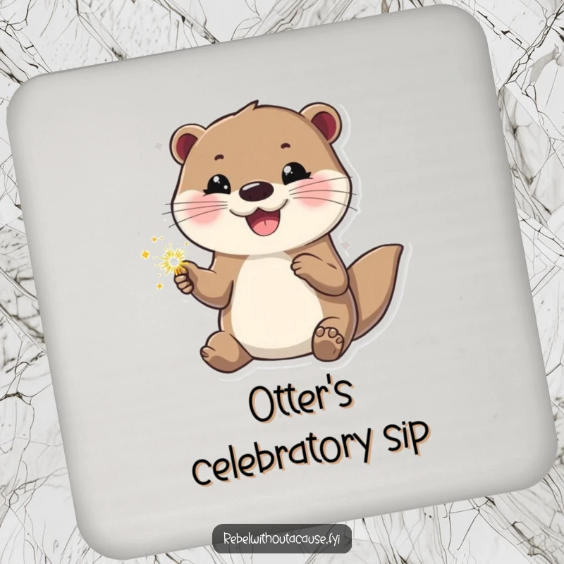 Funny otter coaster featuring a happy otter holding a sparkler, looking cool and confident. Protects surfaces with cheerfulness.