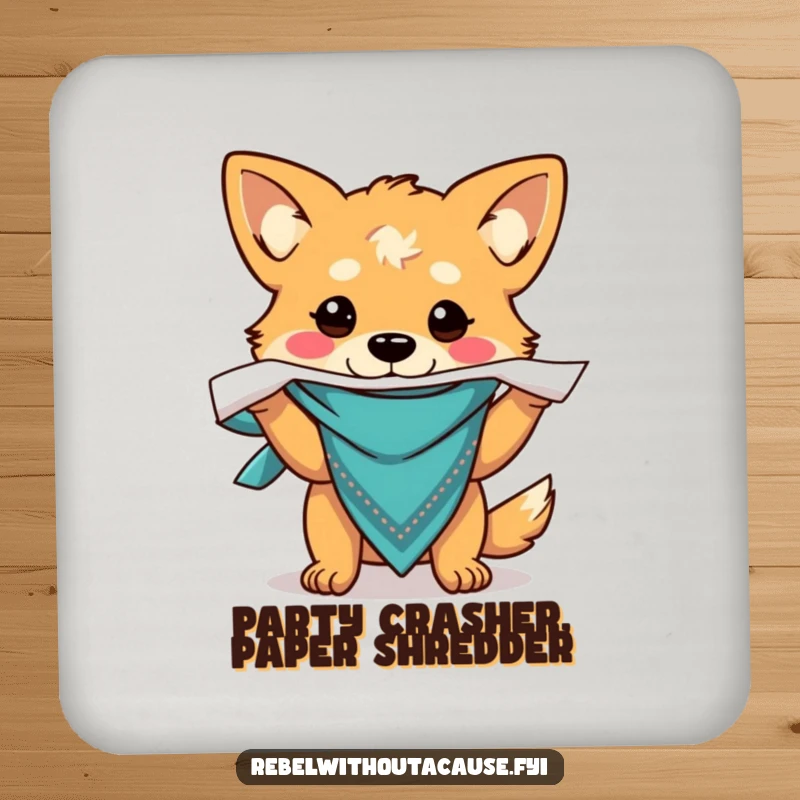 Funny drink coaster featuring a carefree dog in a bandana, ripping paper, adding playful charm and surface protection.