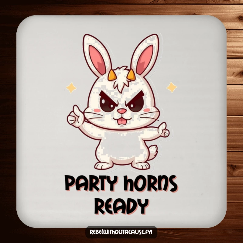 Funny Rebellious Bunny Coaster featuring a playful bunny giving devil horns with a sneer, adding mischievous and protective flair.