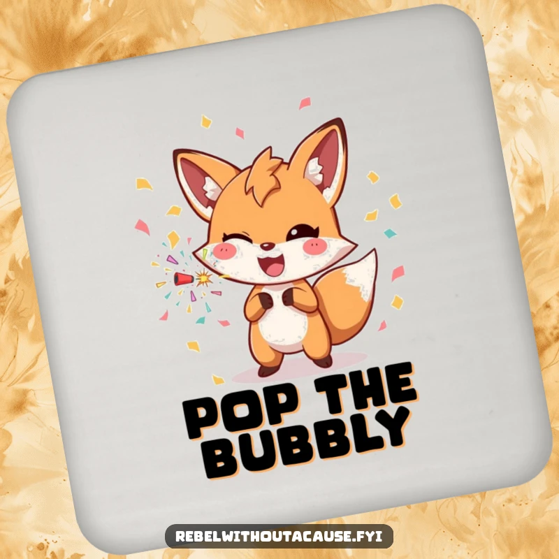 Funny fox with a confetti bomb on a drink coaster, adding festive humor to any surface.