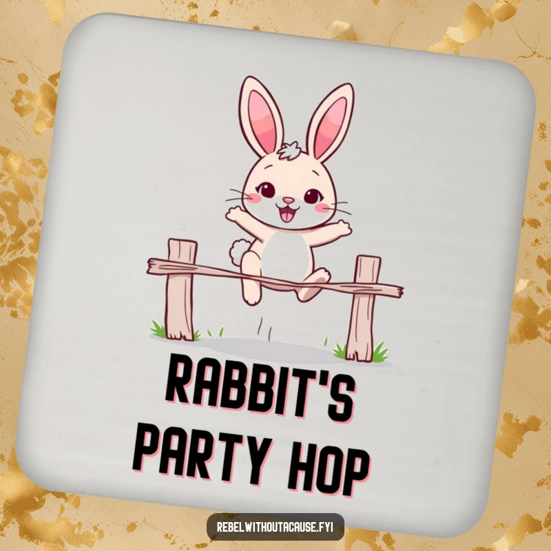 Funny rabbit coaster featuring a cheerful rabbit with a determined expression, jumping over a broken fence. Protects surfaces with humor and resilience.