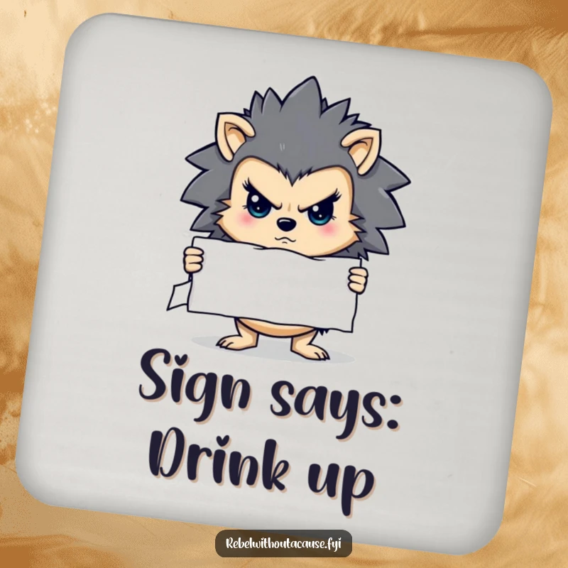 Funny drink coaster with a determined hedgehog character holding a stern sign, protecting surfaces with resolve and humor.