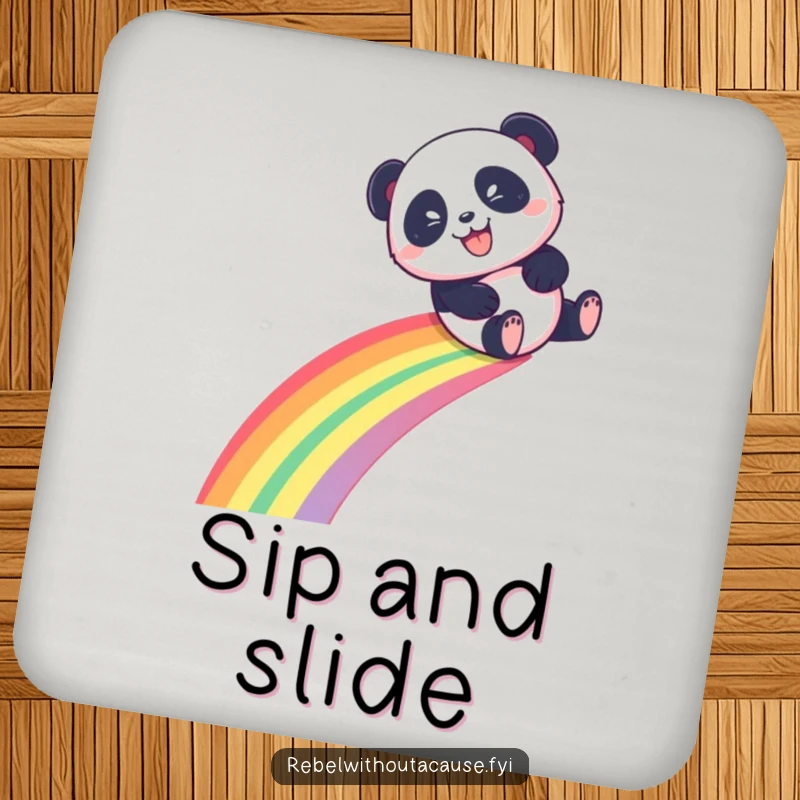 Funny Panda Coasters set, showing a playful panda sliding down a rainbow with a mischievous grin, cute funny gift.