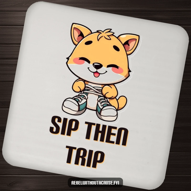 Funny Drink Coasters: Playful Animal with Mischievous Grin Tying Shoelaces Together, Protecting Surfaces with Fun.