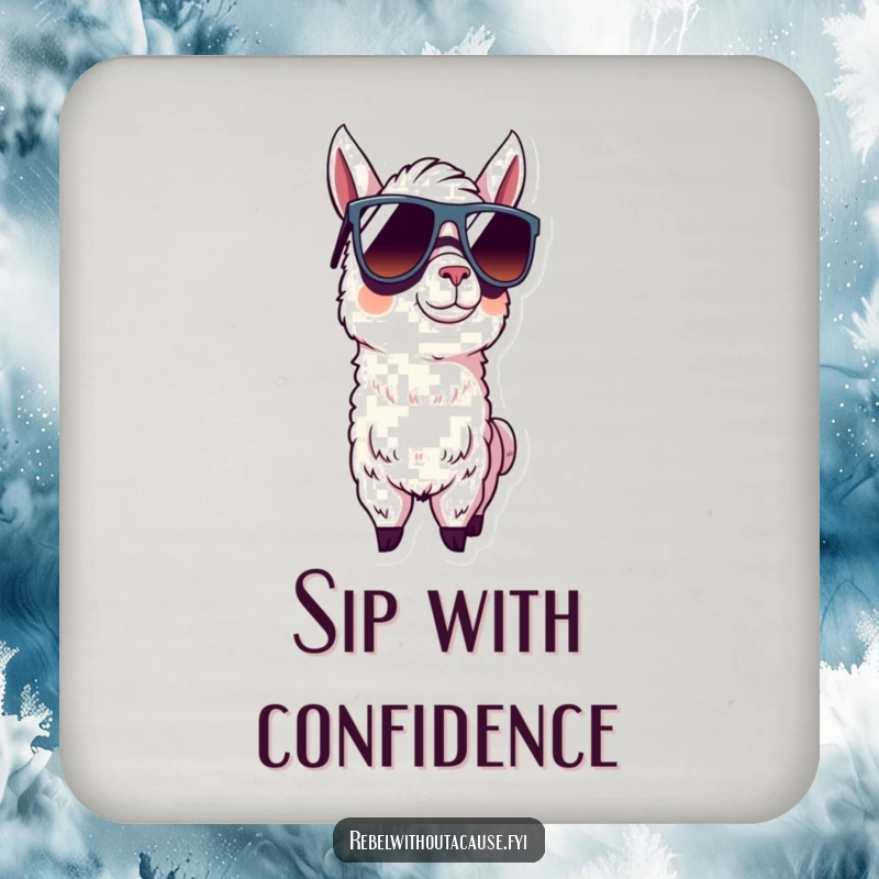 Funny llama with oversized sunglasses on a drink coaster, adding cool flair to any surface.