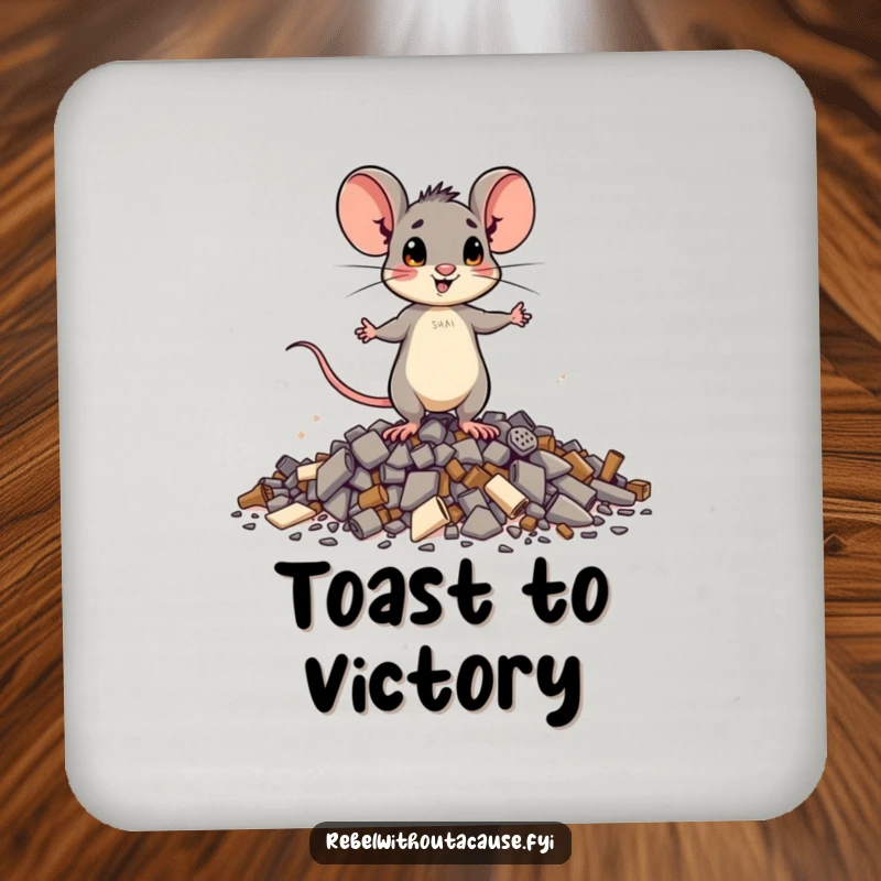 Funny brave mouse drink coaster showcasing a small mouse standing tall on debris, adding a humorous touch to drink protection.