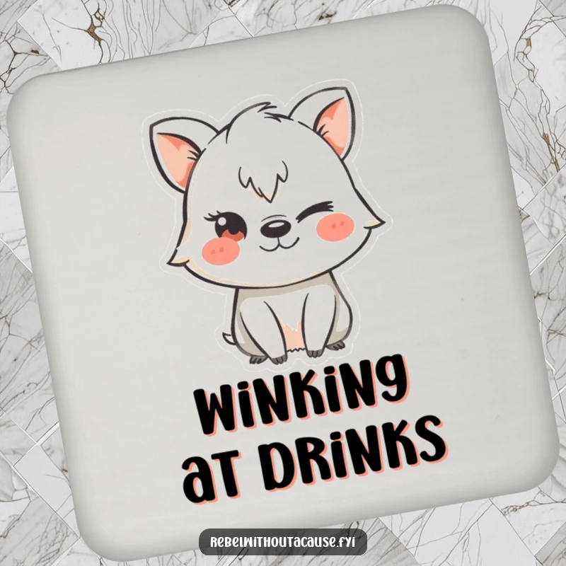 Funny drink coaster with a mischievous animal character using a chalk stencil and winking, adding playful protection to surfaces.
