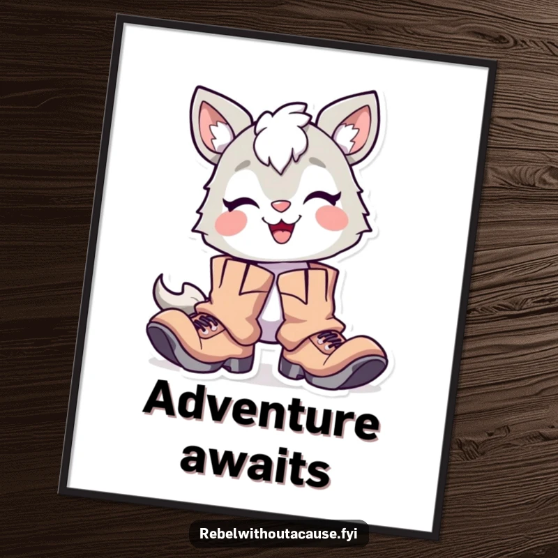 Funny Poster: Delighted Animal Character with Proud Smirk, Wearing Oversized Tattered Boots, Capturing Adventure and Humor.
