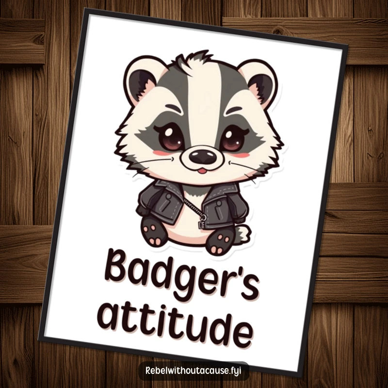 Funny badger poster of a cute badger in a leather jacket and slicked-back hair, smirking with rebellious charm. A cool and humorous wall decoration.