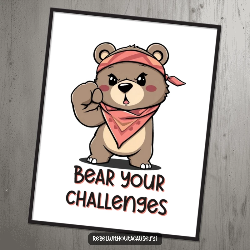 Funny Bear Poster print of a determined, bandana-wearing bear throwing a powerful fist, excellent funny gift.