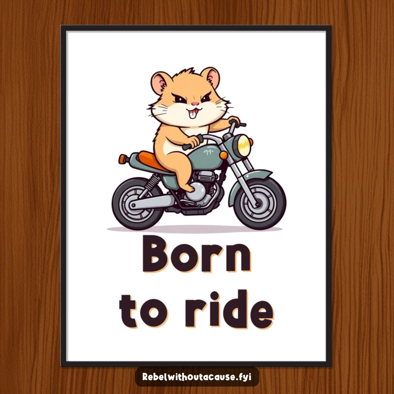 Funny Hamster Motorcycle Poster: A determined hamster character with a focused grin rides a tiny motorcycle, ready for display.