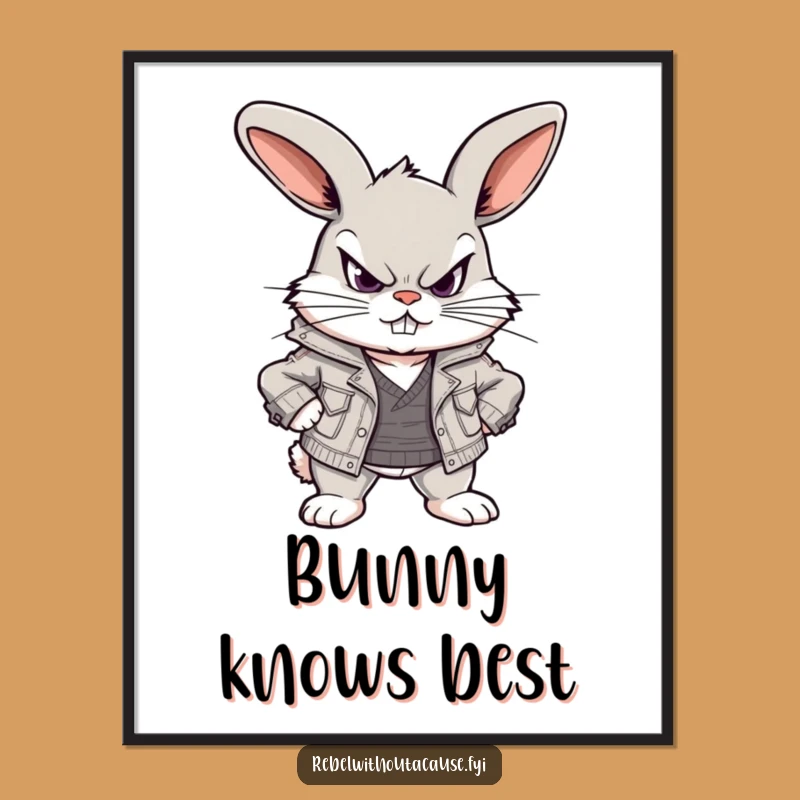 Funny Defiant Bunny Poster: Playful Scowl, Ripped Jacket Art, Unique Gift