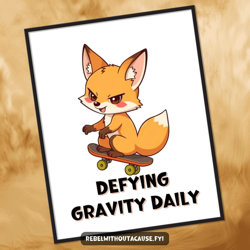 Funny fox poster featuring a cheeky fox skateboarding backwards with a defiant grin, perfect for cool wall decor and a funny gift.