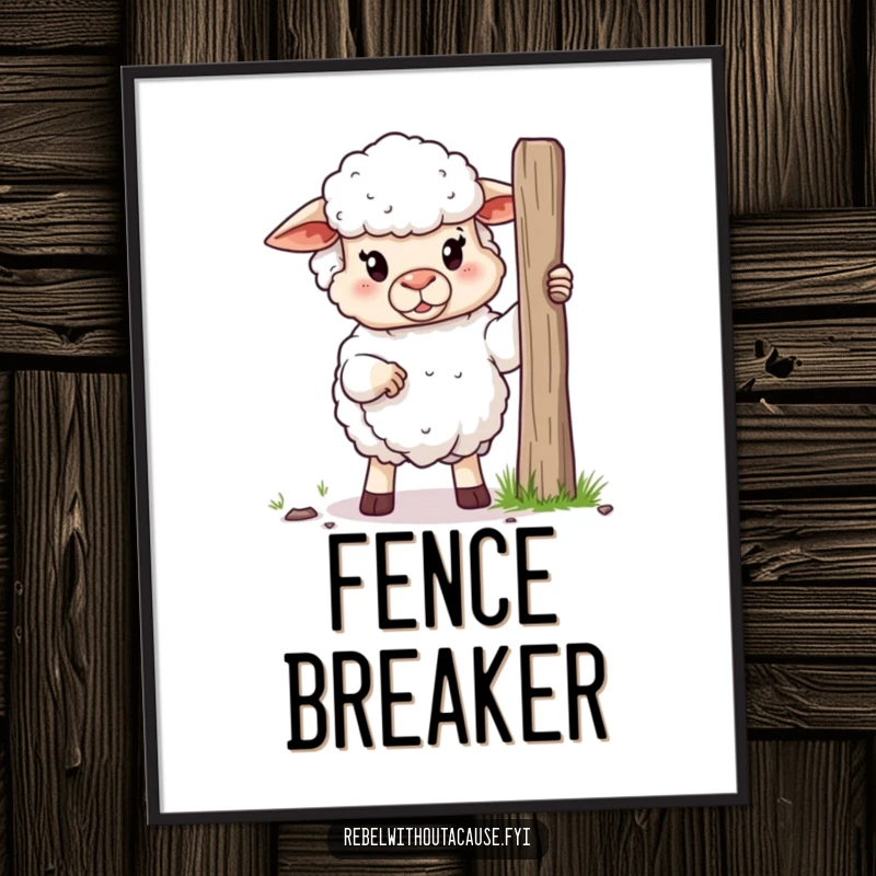 Funny poster of a fluffy sheep standing defiantly, holding a broken fence post, a humorous piece of farm-themed art.