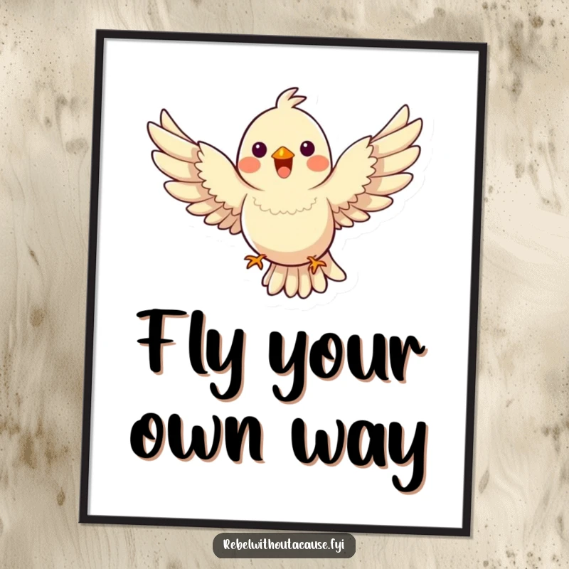 Funny Bird Poster print of a happy bird flying with wings spread wide, defying gravity with elegance, great funny gift.
