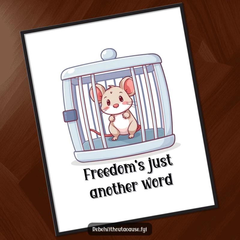 Funny mouse peeking out of an open, empty cage, captured as humorous wall art for screen readers.