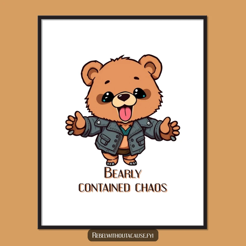 Funny Bear Cub Poster: Ripped Leather Jacket Rebel, Perfect Wall Art & Funny Gift