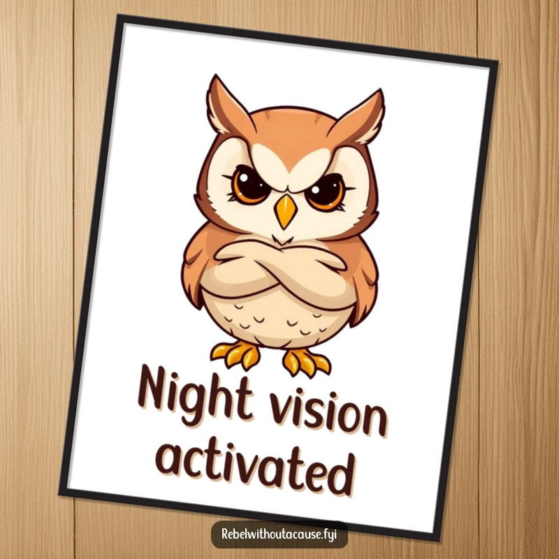 Funny poster art of a bold owl character with a stern, cool expression and arms crossed, looking wise.