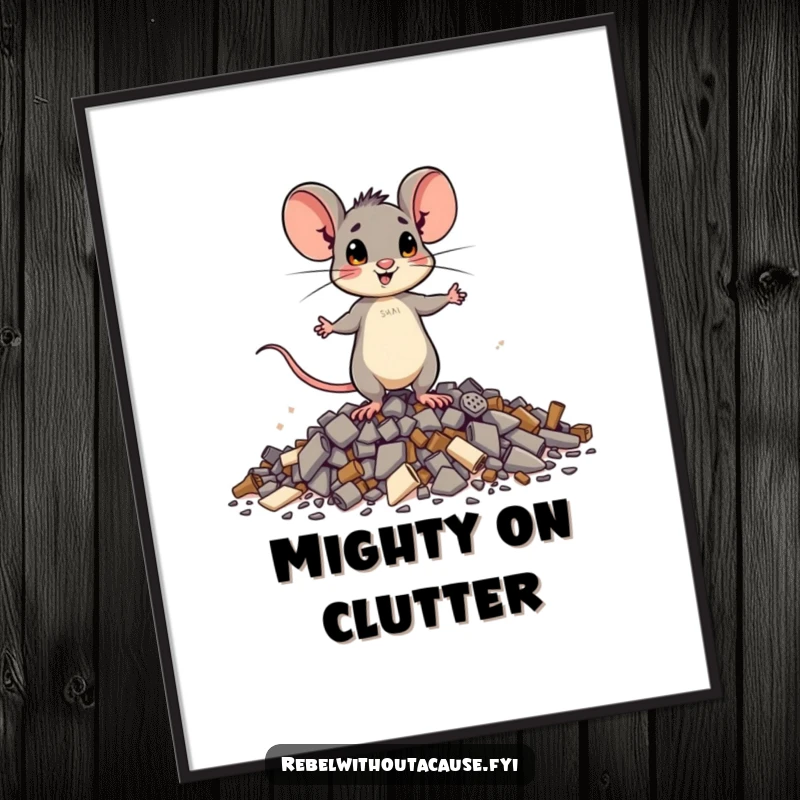 Funny brave mouse poster showing a small mouse standing proudly on scattered debris, bringing motivational humor and a message of strength.