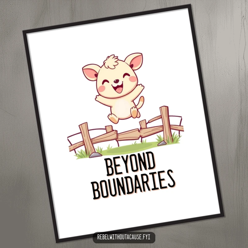 Funny poster featuring a cheerful animal character joyfully jumping over a broken fence, exuding positivity and uplifting energy.