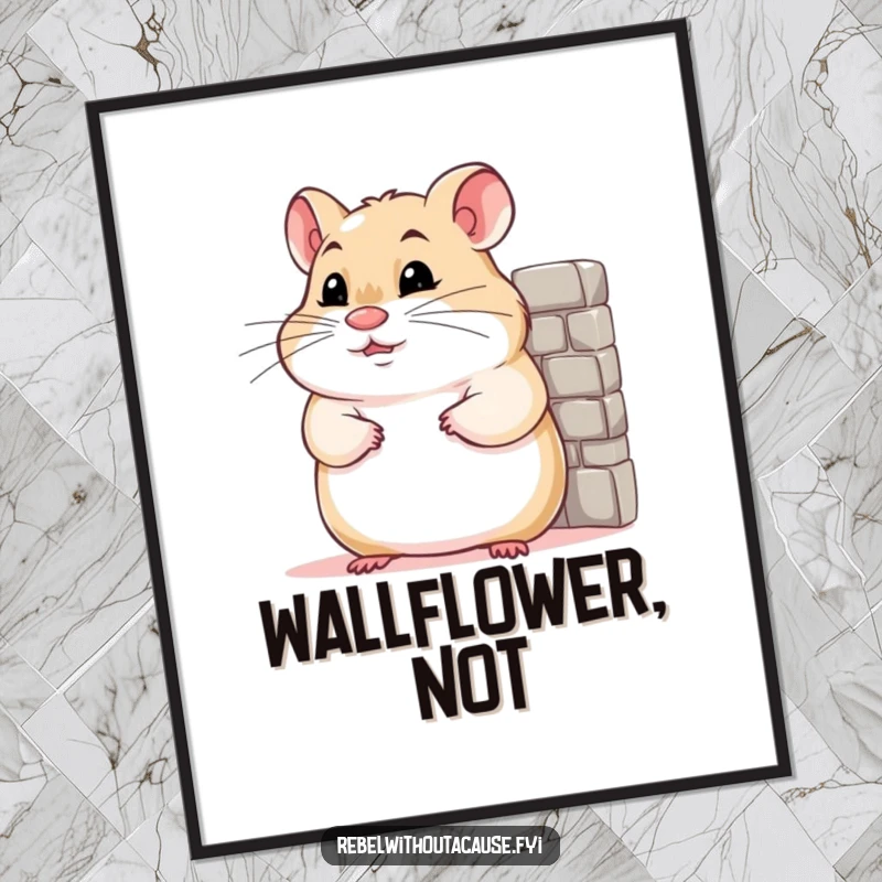 Funny poster of a confident hamster with a smirk, leaning against a miniature wall, a humorous piece of pet art.