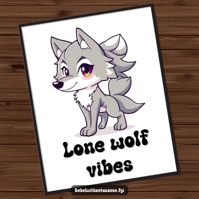 Funny poster art of a spirited wolf character in a confident stance, tail held high, exuding wildness.