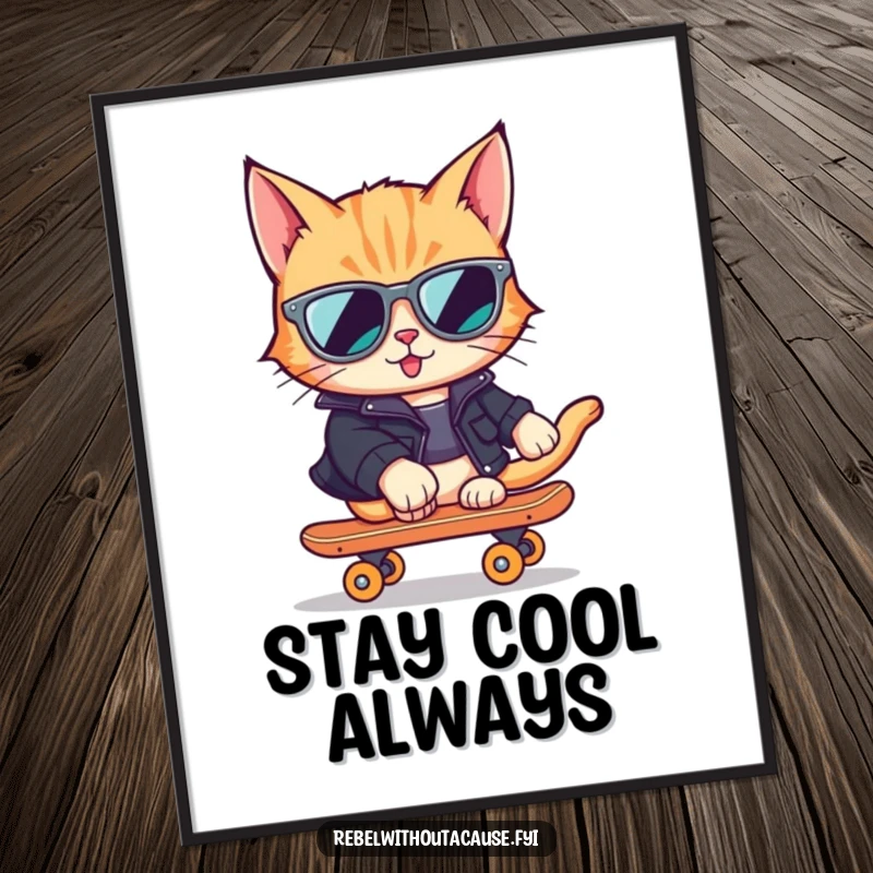 Funny Cat Skater Poster depicting a cool cat in sunglasses and leather jacket riding a skateboard, adding street cred.