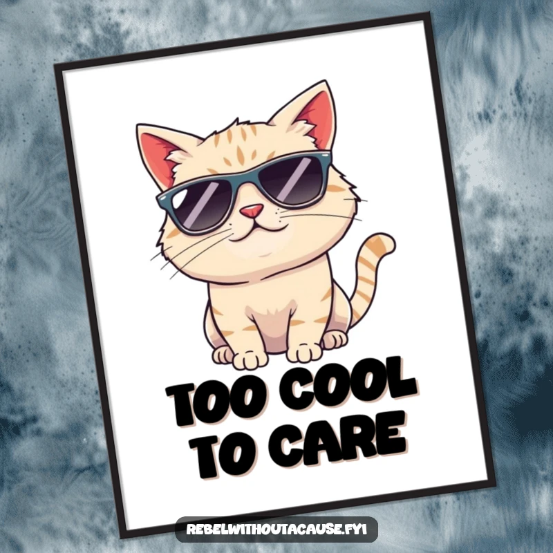 Funny cool cat sunglasses poster showing a cat in shades with a knowing smirk, tipping its head, perfect for adding attitude to decor.