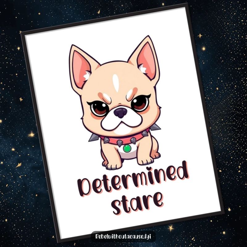 Funny poster print of a rebellious dog wearing a spiked collar and a determined look, full of loyal strength.