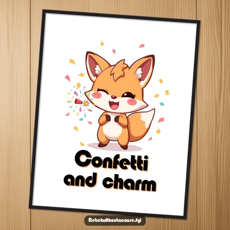 Funny winking fox throwing confetti from a bomb on a poster, a joyous and festive art piece.