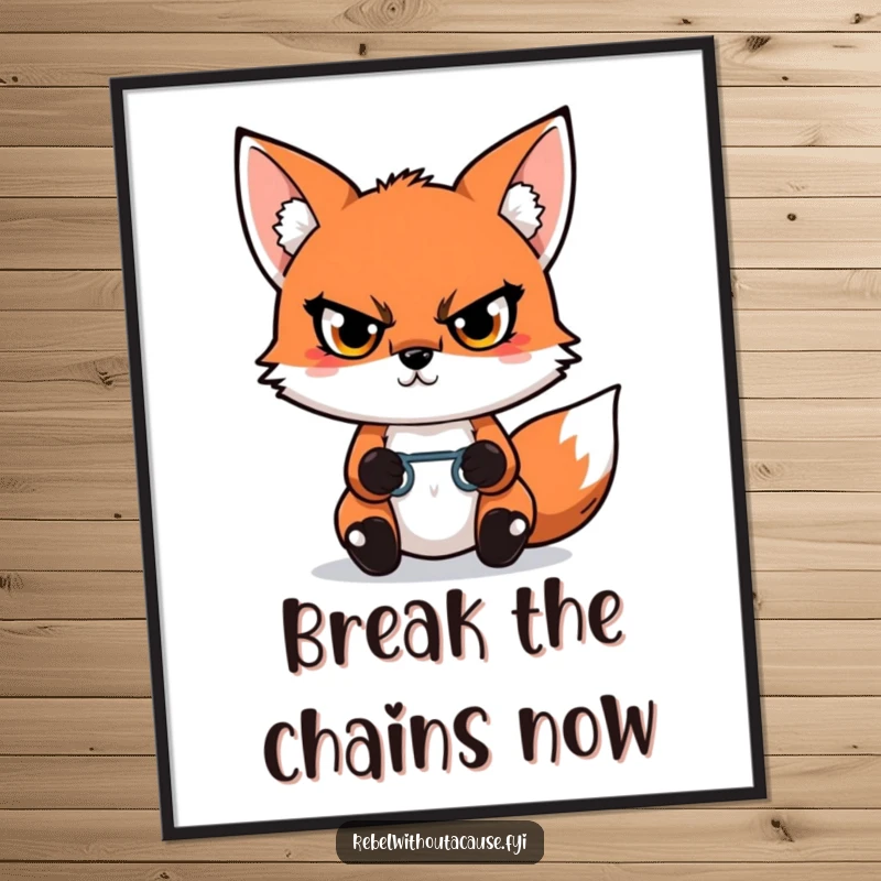 Funny Kawaii Fox Poster showcasing a defiant fox with a glare, holding a broken chain link, symbolizing liberation and unwavering spirit.