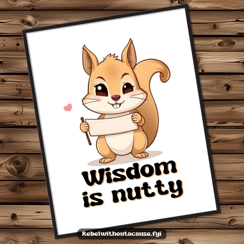 Funny mischievous squirrel wink poster showing a squirrel holding a banner and winking, adding a touch of playful mystery to wall art.