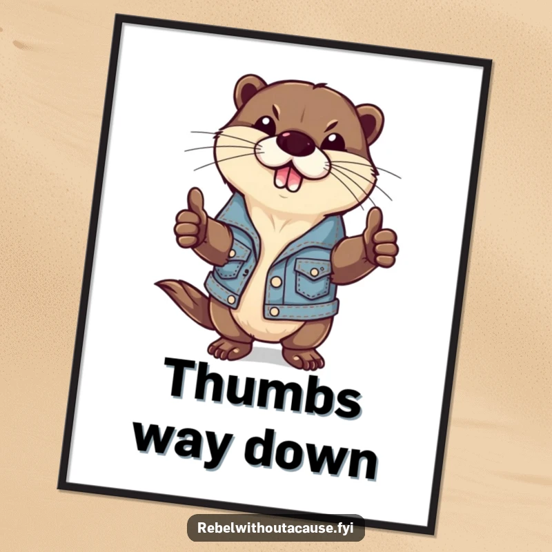 Funny poster print of a defiant otter wearing a ripped denim jacket and giving a thumbs-down, exuding cool rebellion and humor.