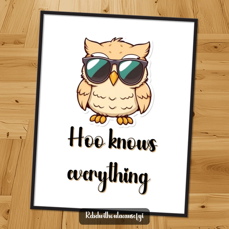 Funny cool owl wearing sunglasses, smirking with an unimpressed expression on a poster on the wall.