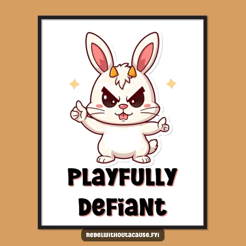 Funny Rebellious Bunny Poster - Devil Horns Art, Mischief Decor, Gift