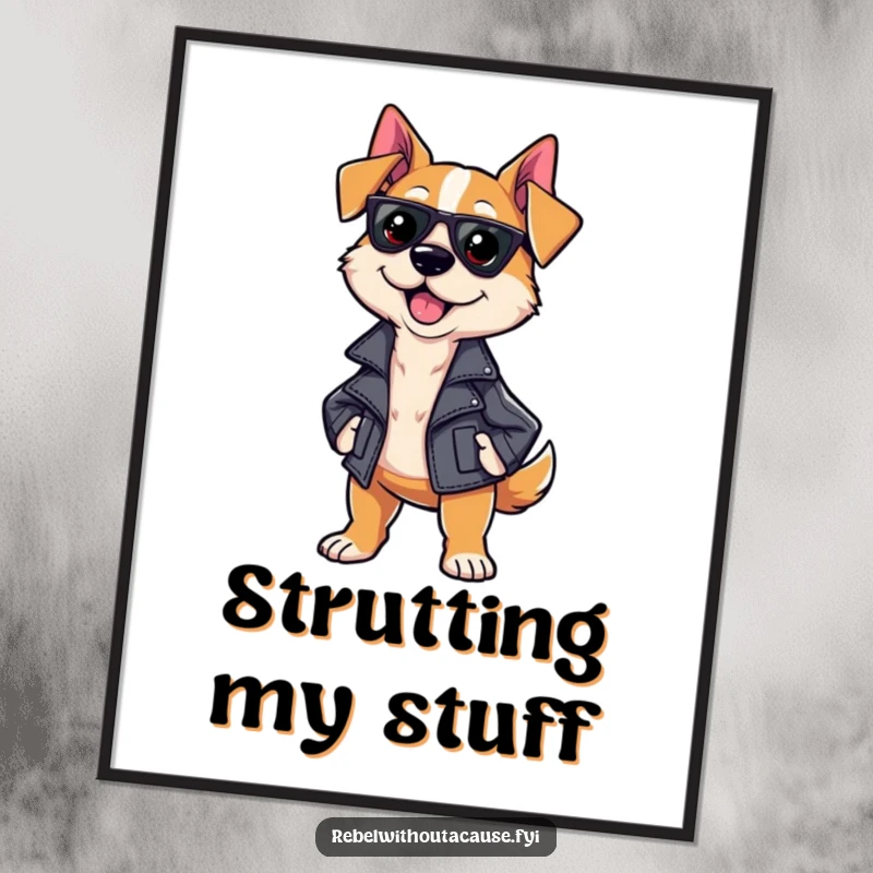 Funny Sassy Dog Poster depicting a strutting dog in a leather jacket, exuding confidence and cool, perfect wall decor.