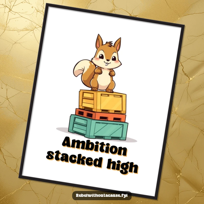 Funny Squirrel Victory Poster: A fearless squirrel character stands proudly on a stack of overturned crates, celebrating success.