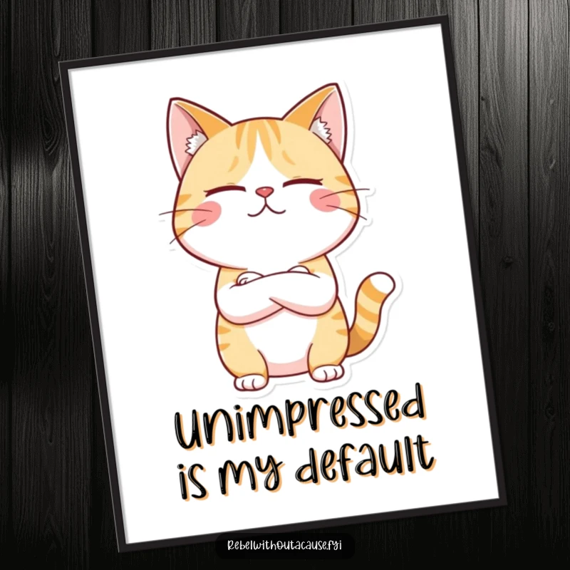 Funny poster of a giggling cat character arms crossed, looking unimpressed, a humorous piece of wall art for any space.