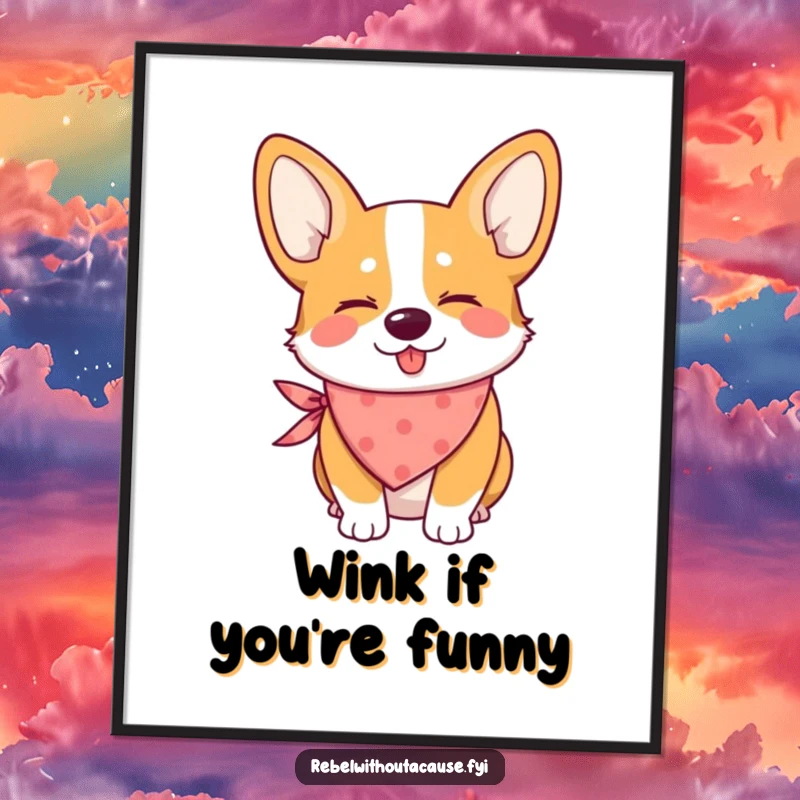 Funny poster art of a mischievous corgi wearing a bandana and giving a heartwarming wink.