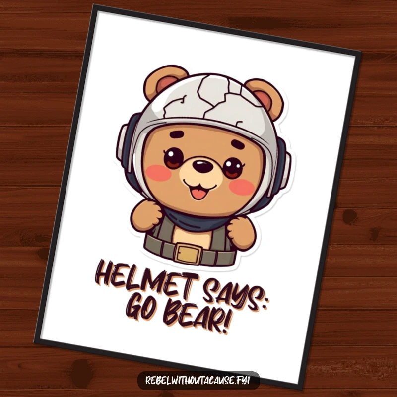 Funny poster of a cheerful bear character wearing a cracked helmet, radiating optimism and readiness for adventure.