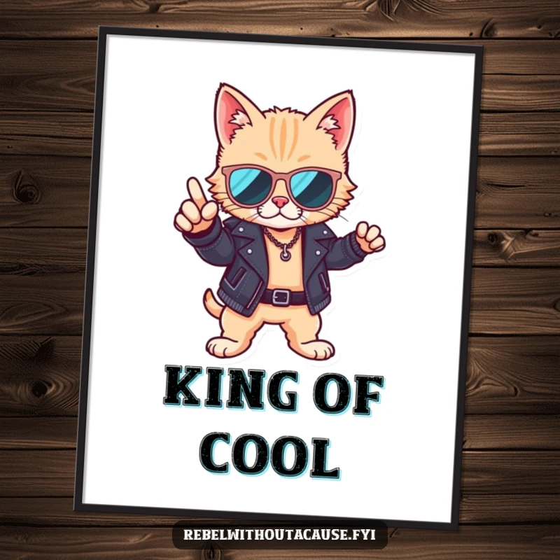 Funny poster print of a cool cat wearing sunglasses and a leather jacket, striking a confident and stylish pose.