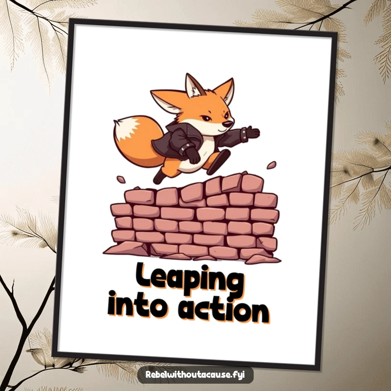 Funny poster art of a fearless fox in a leather jacket, leaping heroically over a crumbling brick wall.