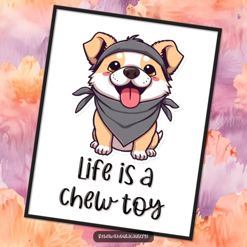 Funny Kawaii Dog Poster showcasing a rebellious pup in a bandana, sticking its tongue out with a cute and mischievous expression.